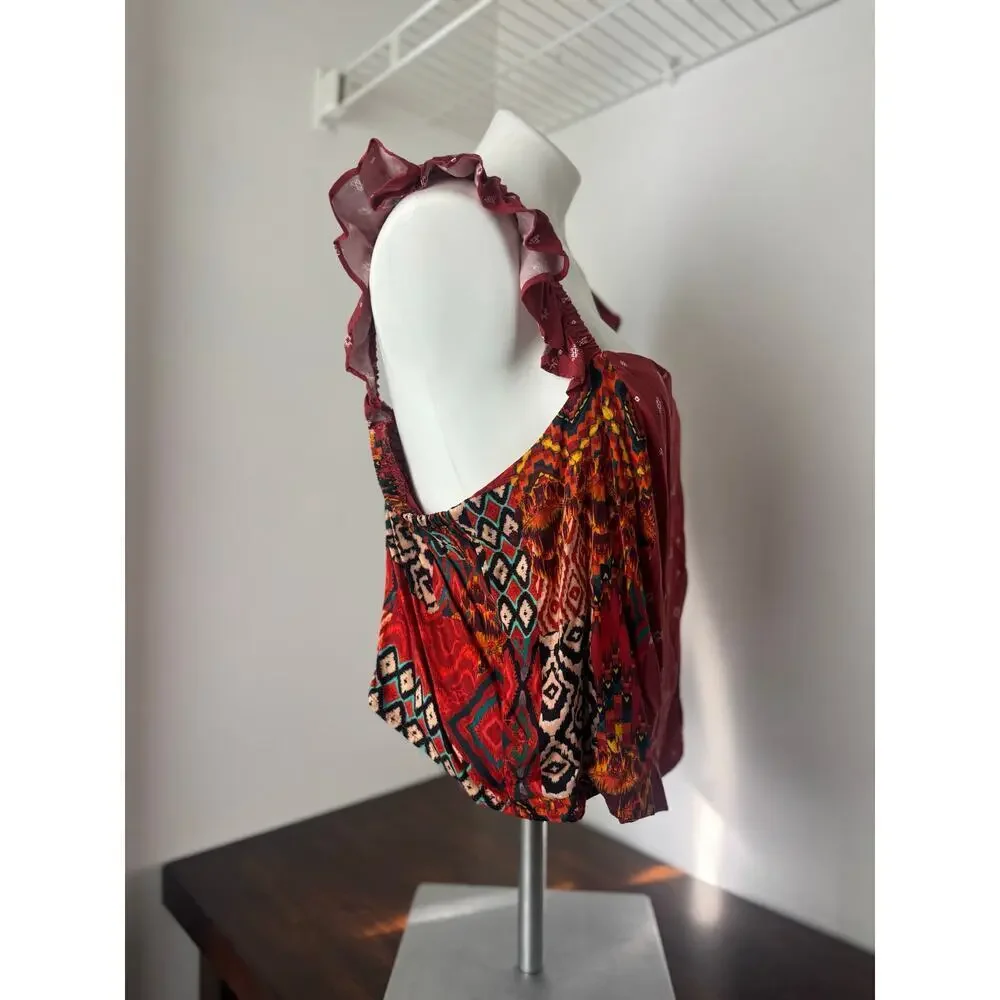 Torrid Burnt Orange and Patterned Challis Ruffle Trim Crop Top Size 2X